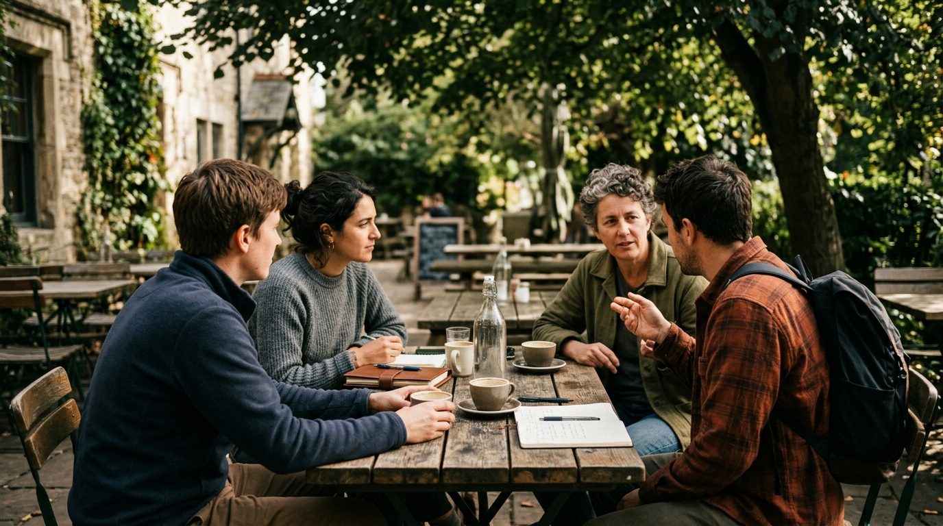 Menschen sitzen an einem großen Tisch und tauschen sich aus