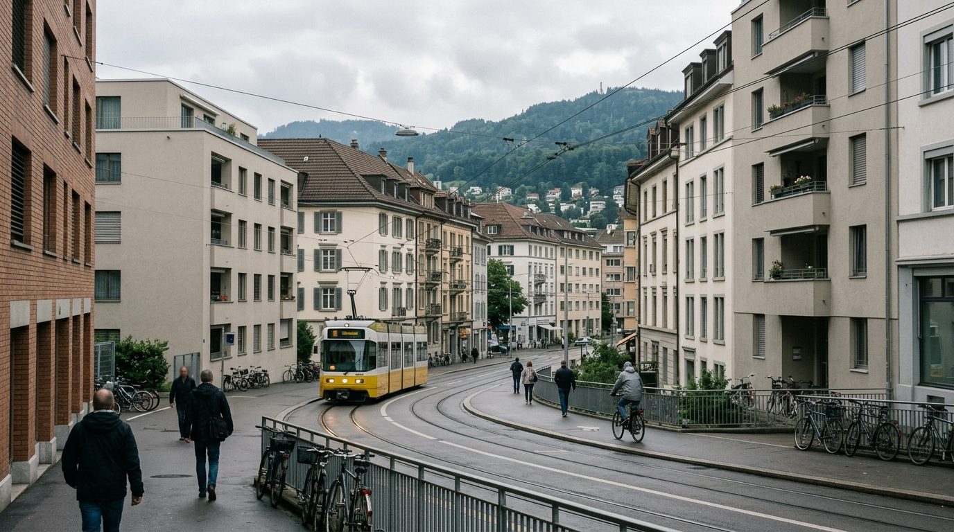 Wohnviertel einer Schweizer Stadt an einem gewöhnlichen Werktagmorgen