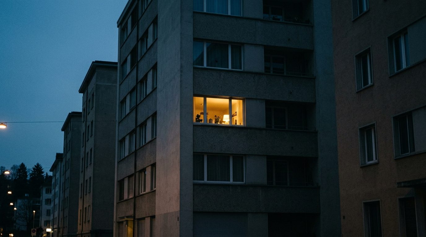 Ein einzelnes erleuchtetes Fenster in einem Wohnblock am Abend