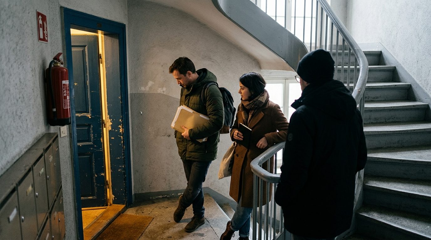 Wartende bei einer Wohnungsbesichtigung im Treppenhaus