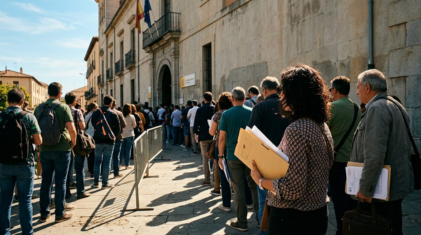 Wartende Menschen vor einer spanischen Behörde am Morgen