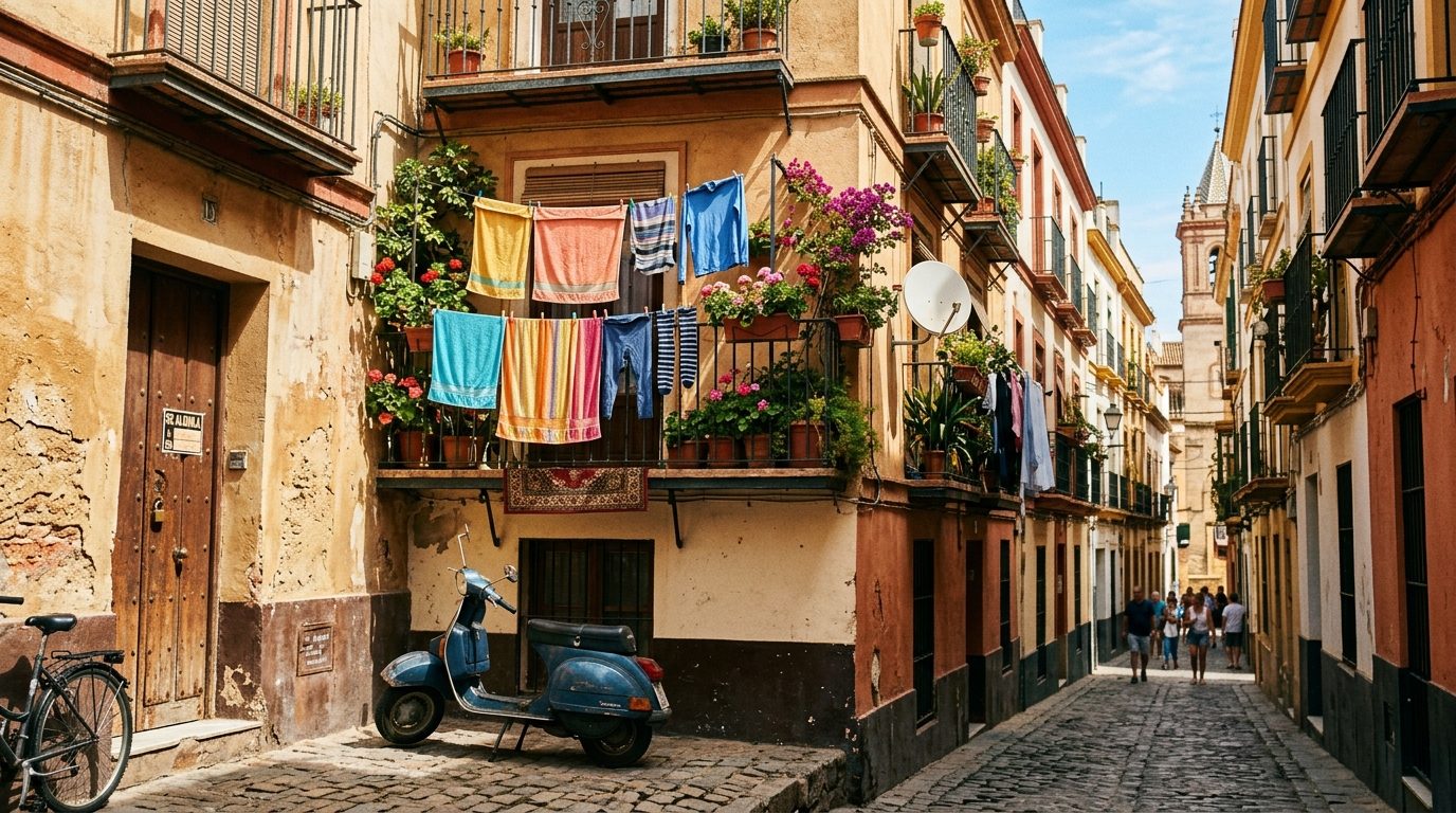 Spanische Wohnstraße mit Balkonen und Vermietungsschildern