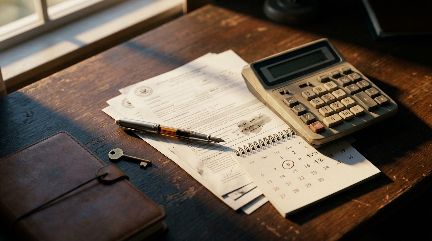 Formulare, Taschenrechner und Kalender auf einem Schreibtisch