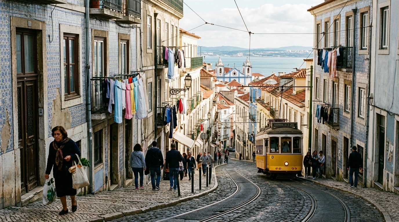 Straße mit Azulejo-Fassaden in einer portugiesischen Stadt